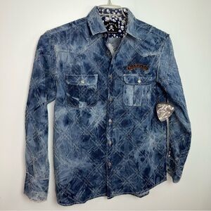 Rock Roll n Soul Denim Shirt Skull Lining Embroidered Guitar Back NWT Size L